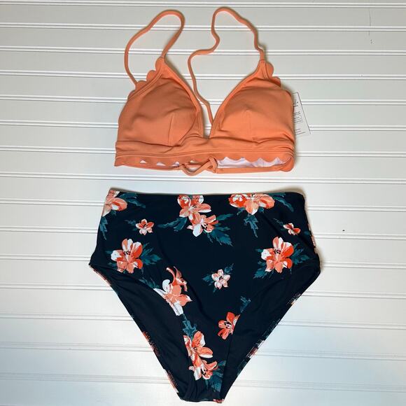 Cupshe Other - Cupshe Women Peach Floral Bikini Set Scallop Trim High Waist 2 Piece L